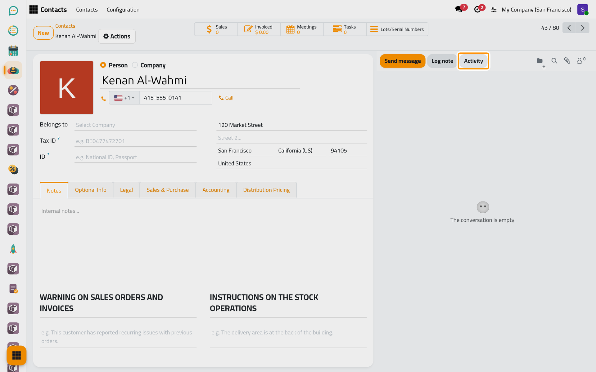 The contact's chatter; the Activity button plans work on this record.