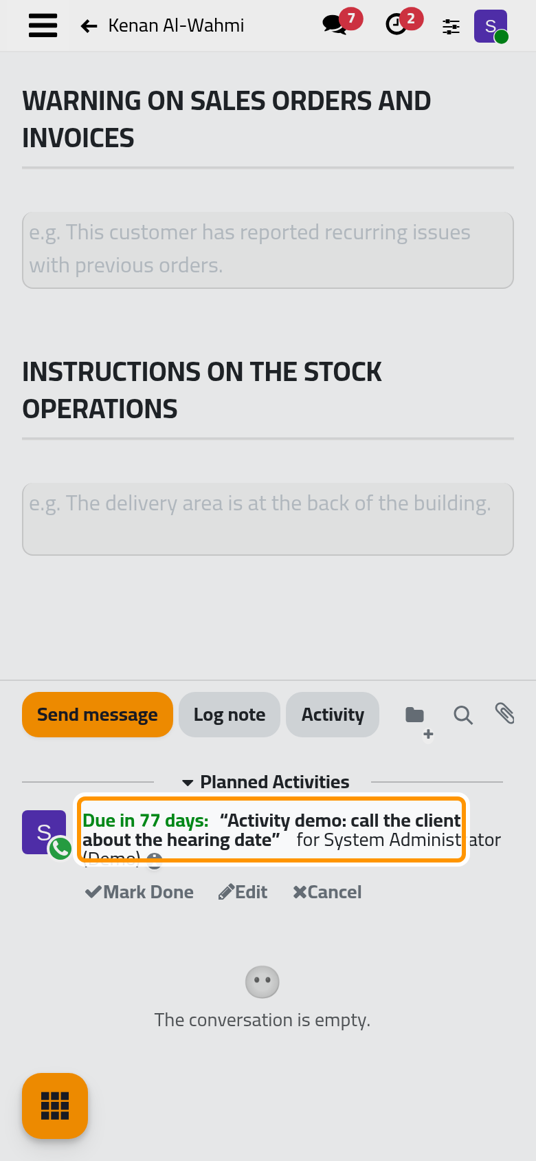 The call waits under Planned Activities, with how soon it is due.