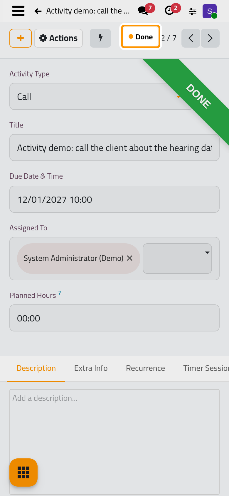 The activity is done; it leaves the open lists and keeps its time.