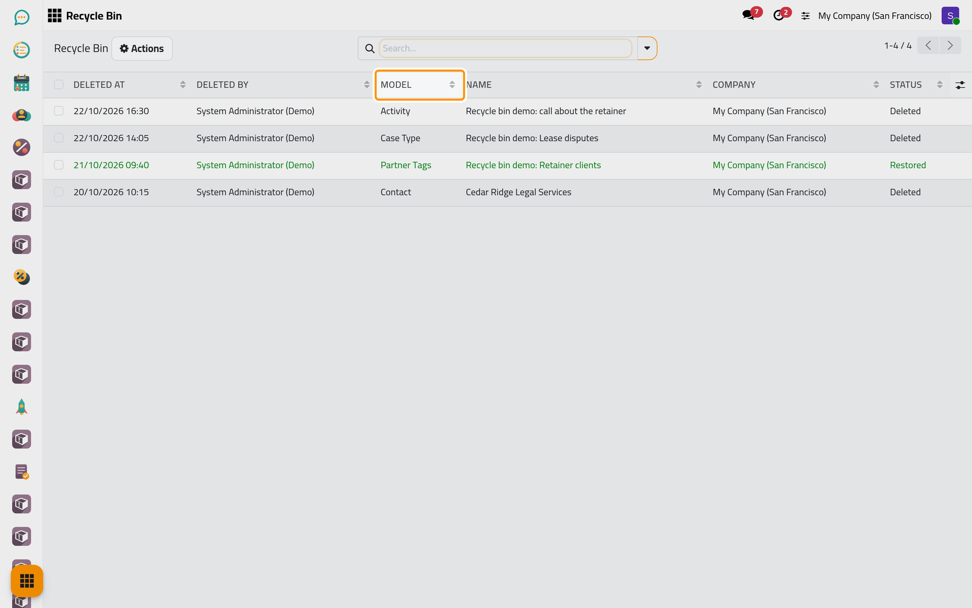 Every deleted record is one line, the newest first, with who deleted it and its model.