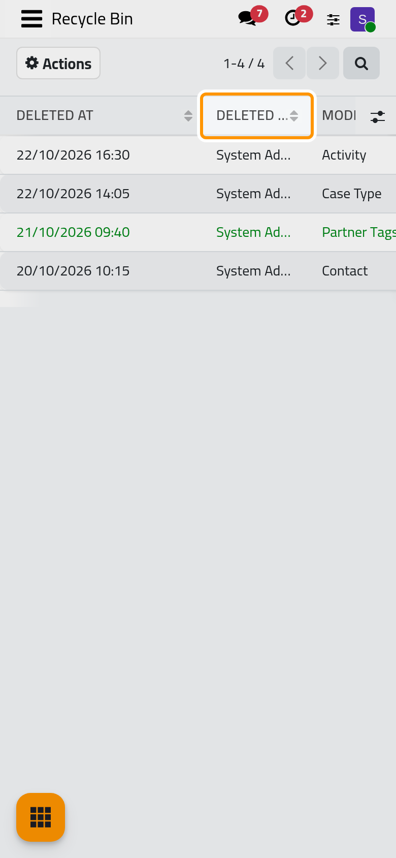 Every deleted record is one line, the newest first, with who deleted it and its model.