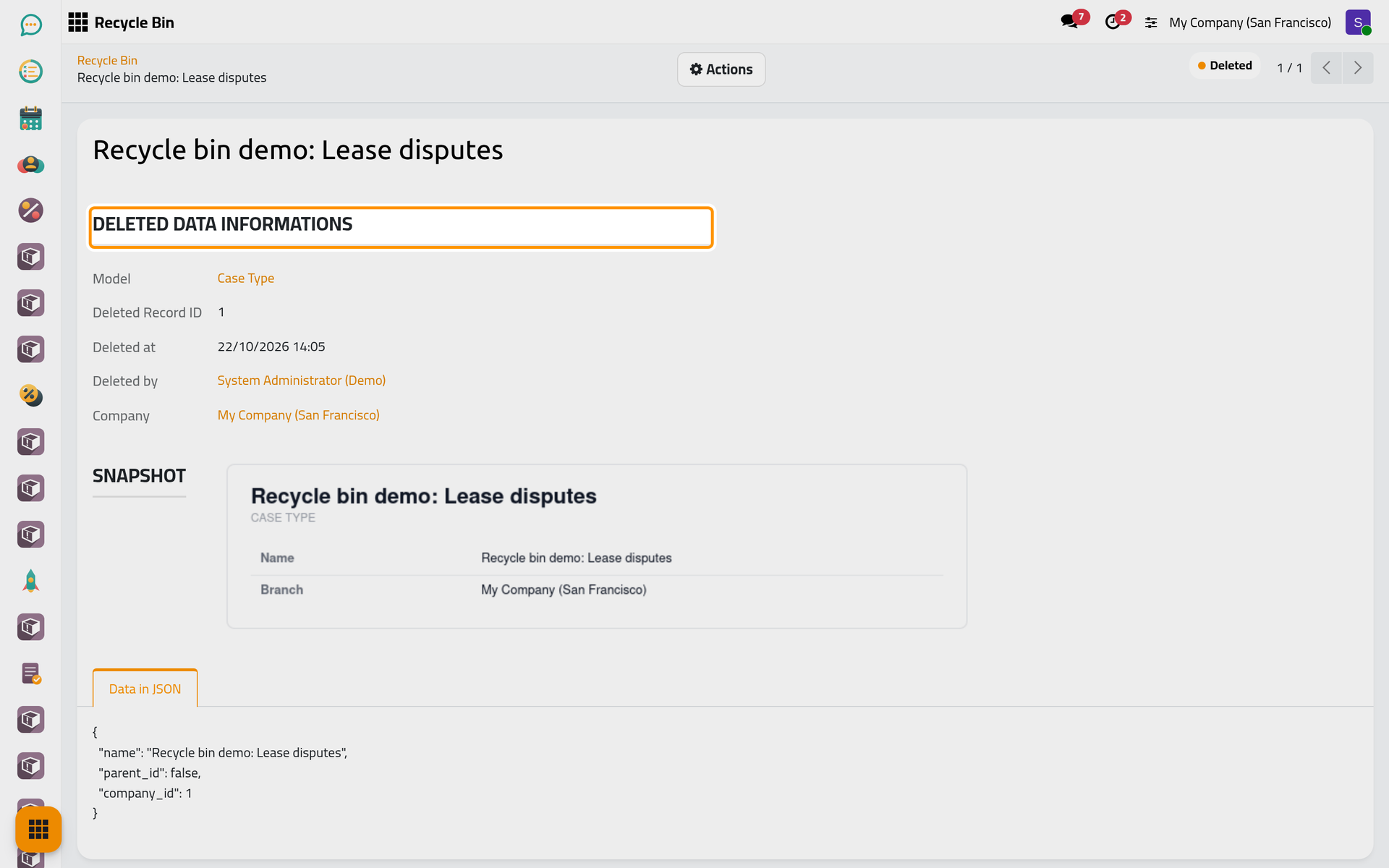 The entry tells what kind of record it was, its former ID, when and by whom it was deleted.