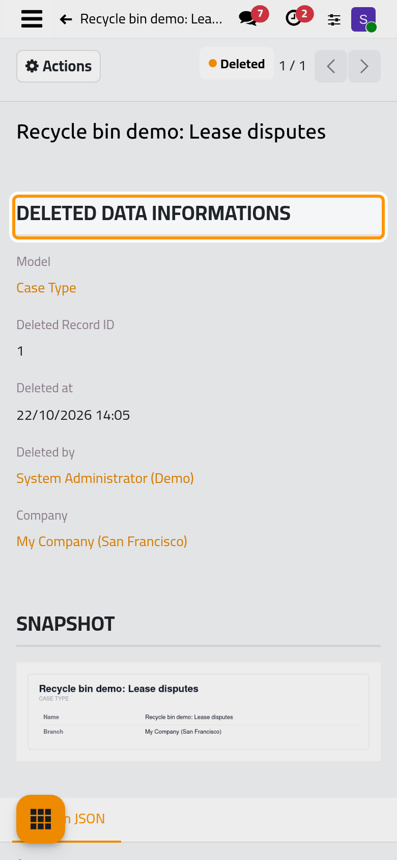 The entry tells what kind of record it was, its former ID, when and by whom it was deleted.