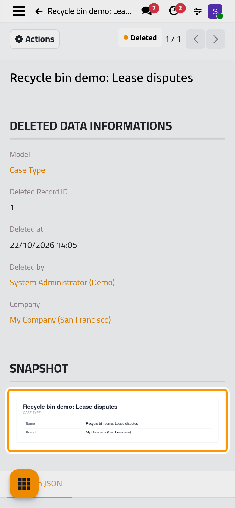 The snapshot, an image of the values the record held when it was deleted.