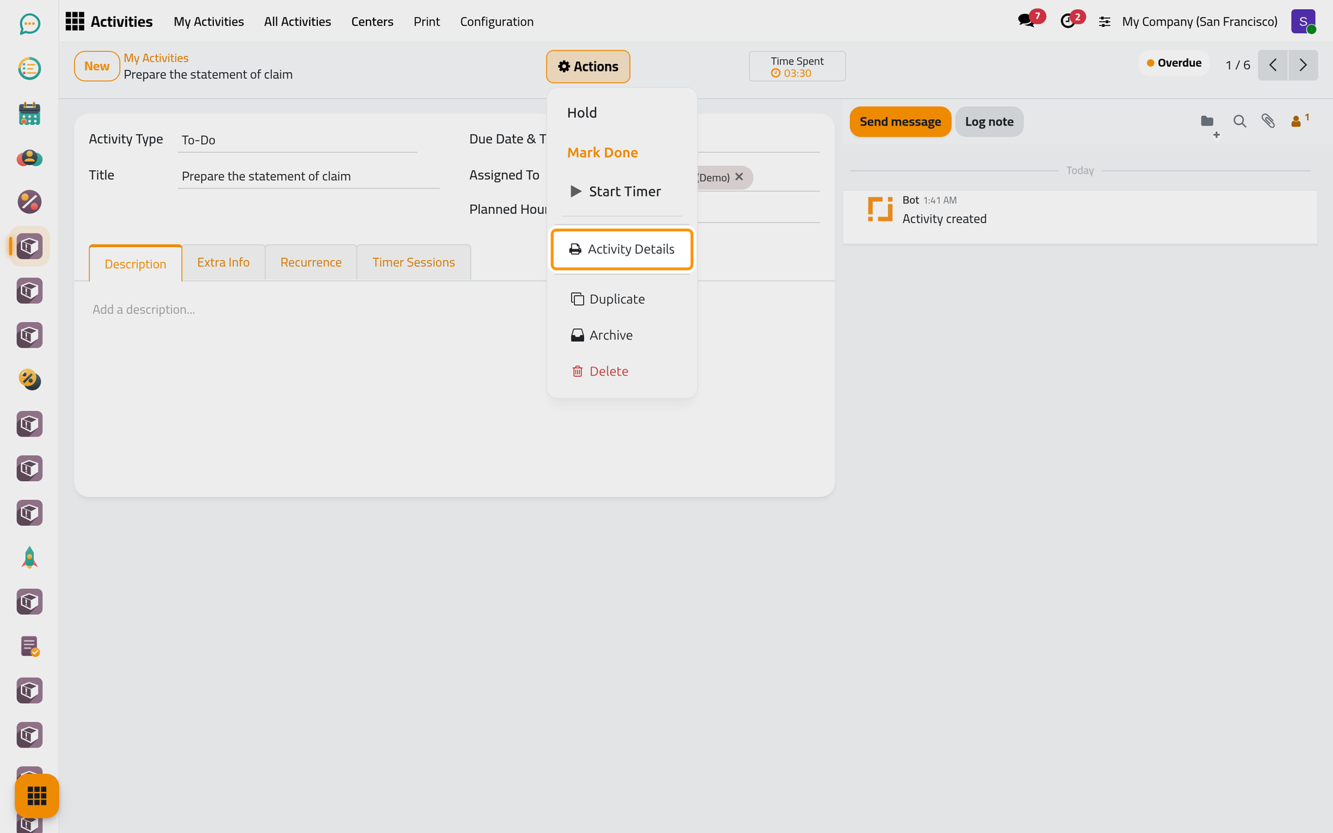 Activity Details, in the Actions menu of an activity, prints that activity on one page.