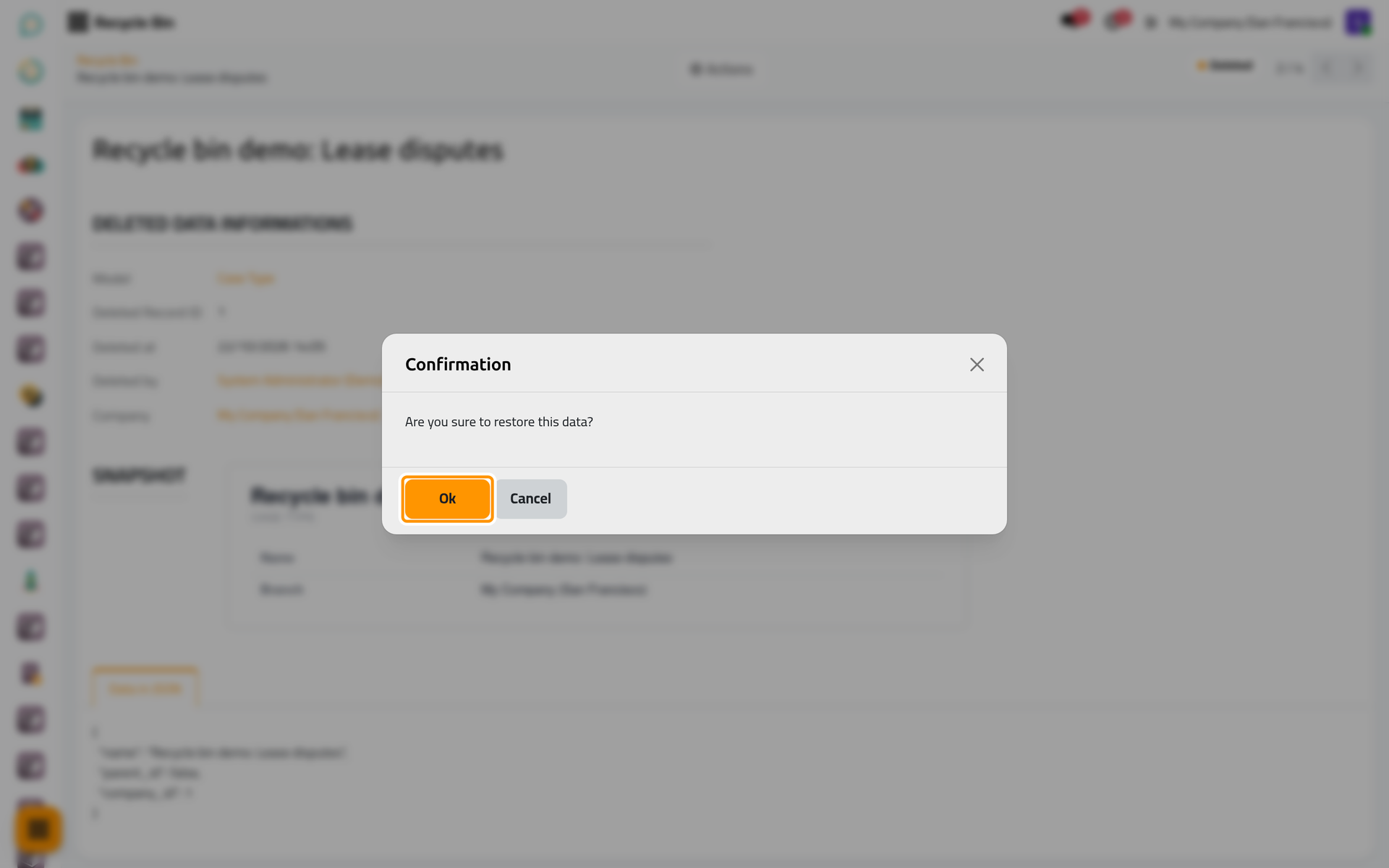 Restore asks for a confirmation before the case type is created again.