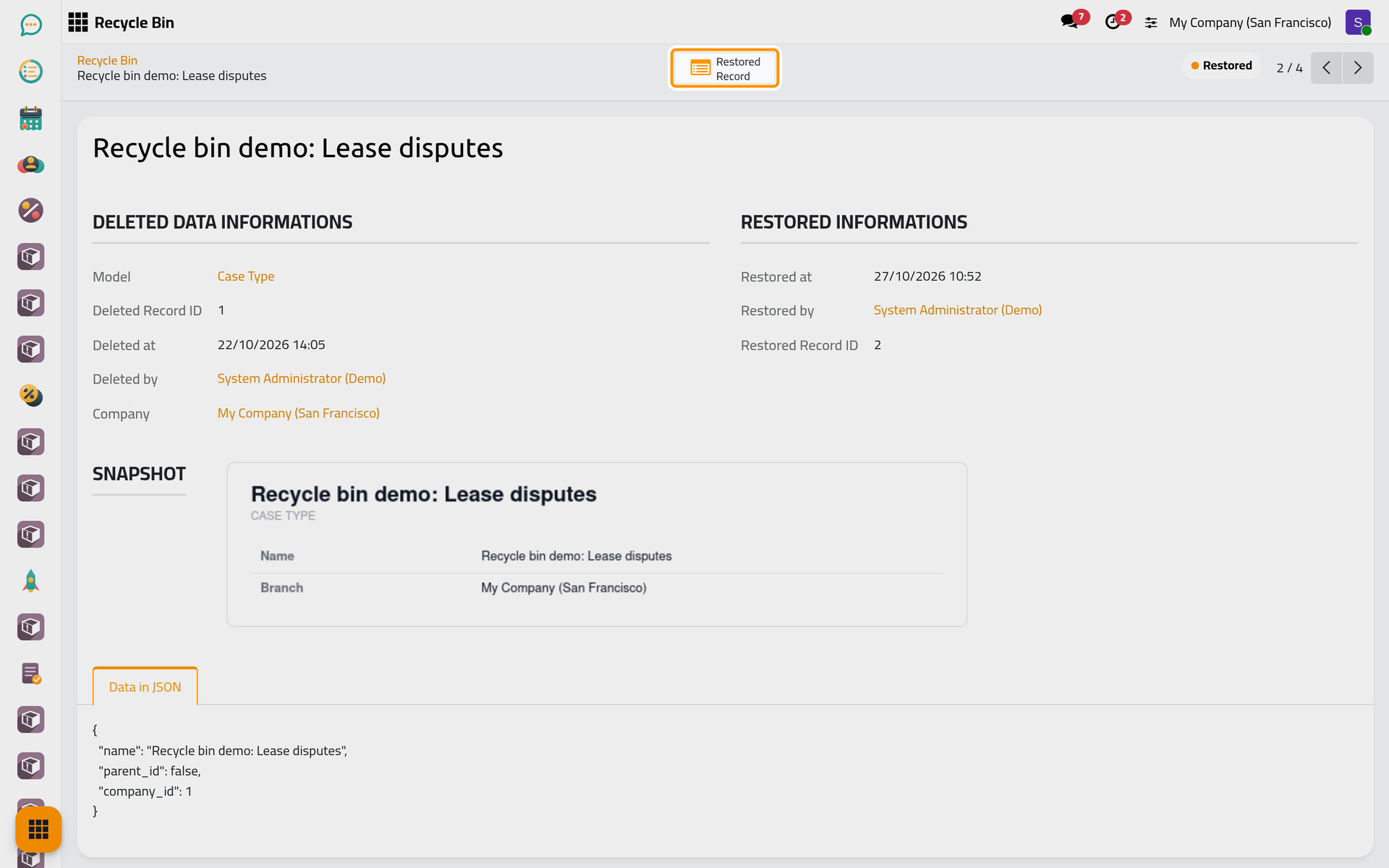 Restored Record opens the new record.