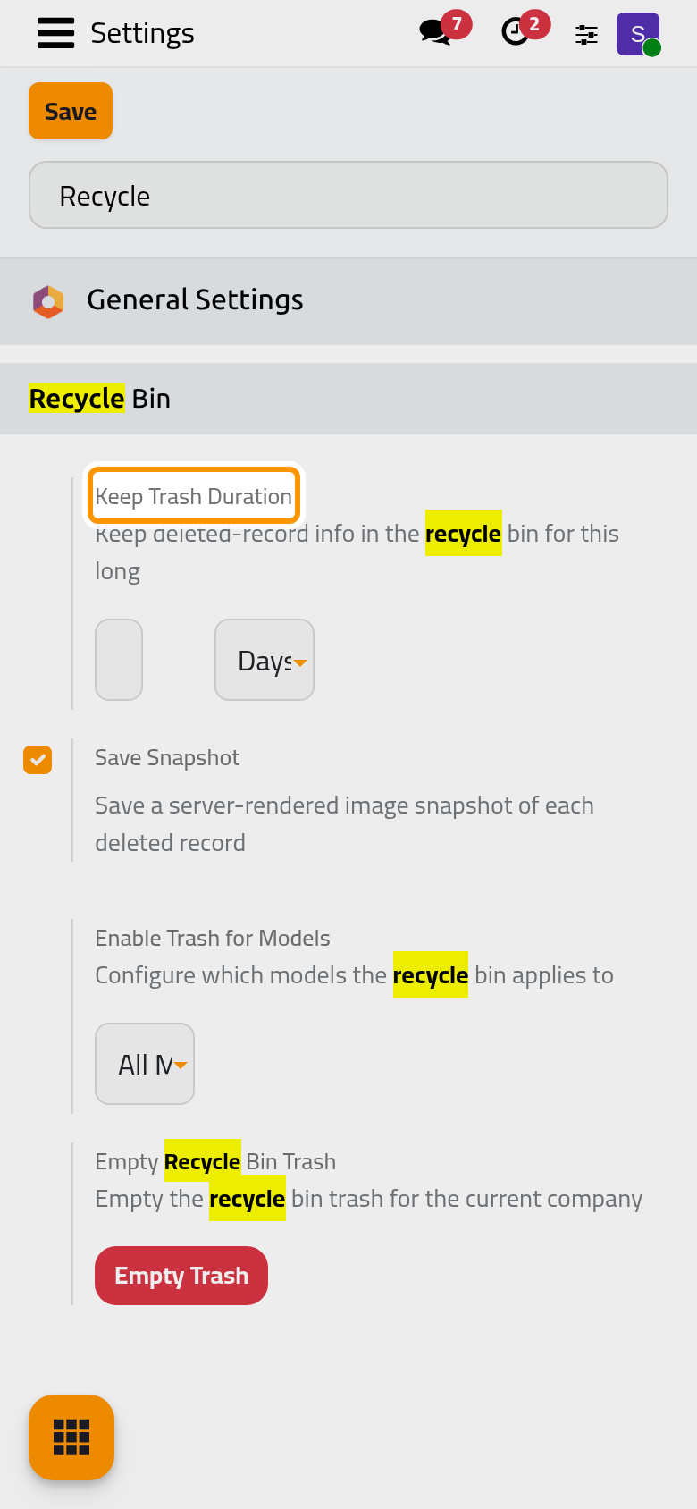 The Recycle Bin section of General Settings, with how long deleted records are kept.