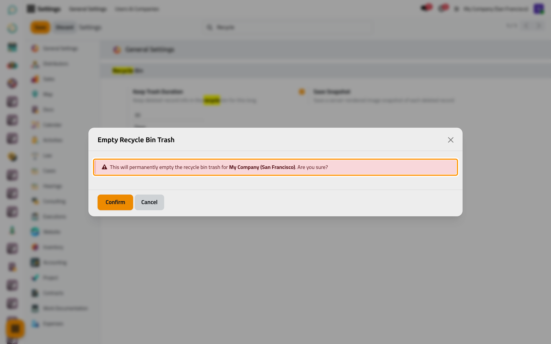 Empty Trash asks before it removes every entry of the current company.