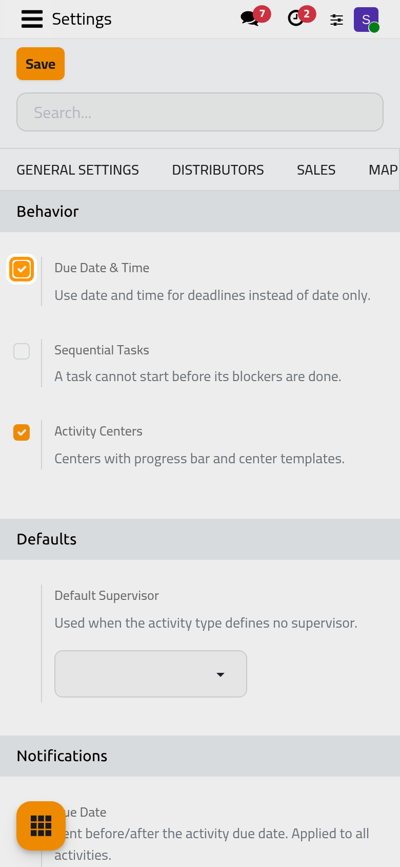 The Behavior group; Due Date & Time and Activity Centers are on, Sequential Tasks is off.