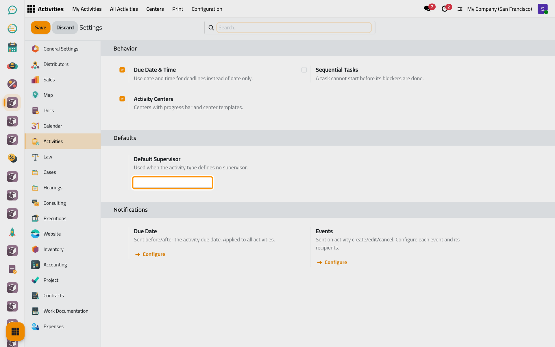 The Default Supervisor, then the two Configure buttons of the notifications.