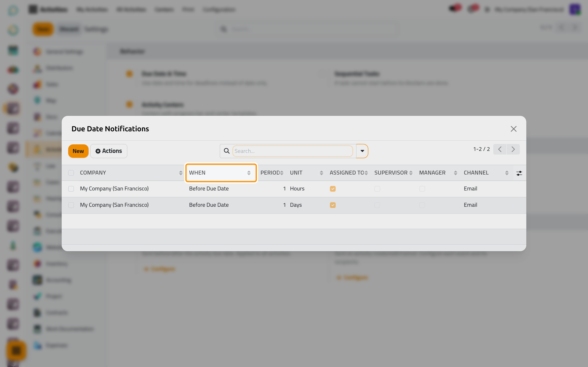 The two rules shipped with the app, one hour and one day before the due date, to the assignees by email.
