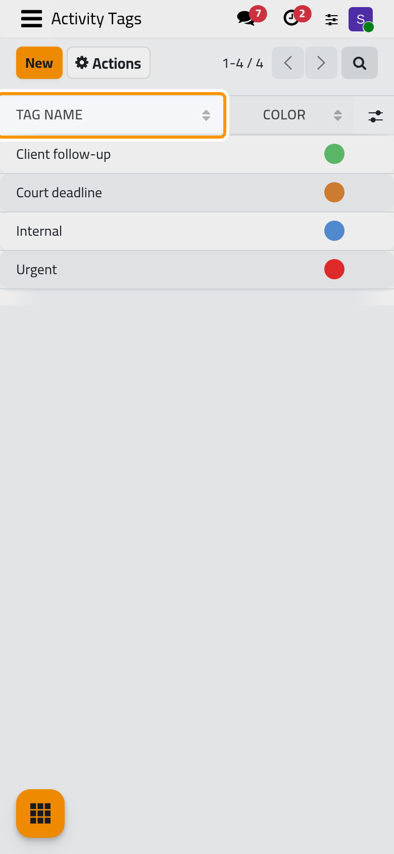 The activity tags, each with its color.