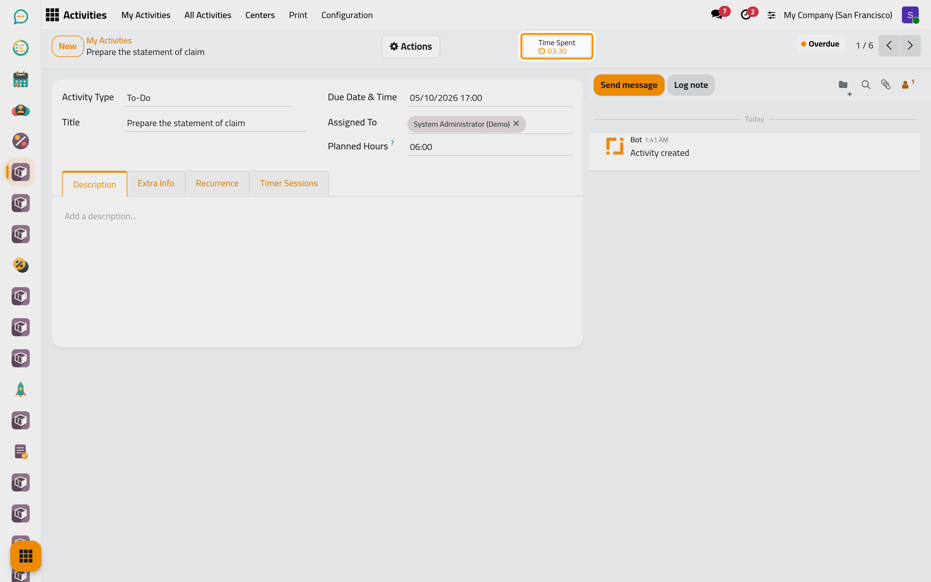 Six planned hours and three and a half spent; the Time Spent button starts the timer.