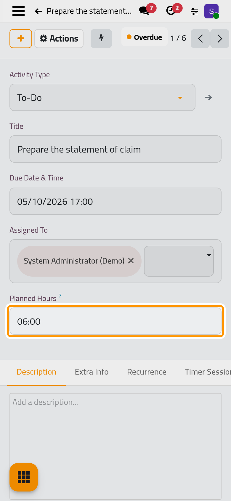 Six planned hours and three and a half spent; the Time Spent button starts the timer.