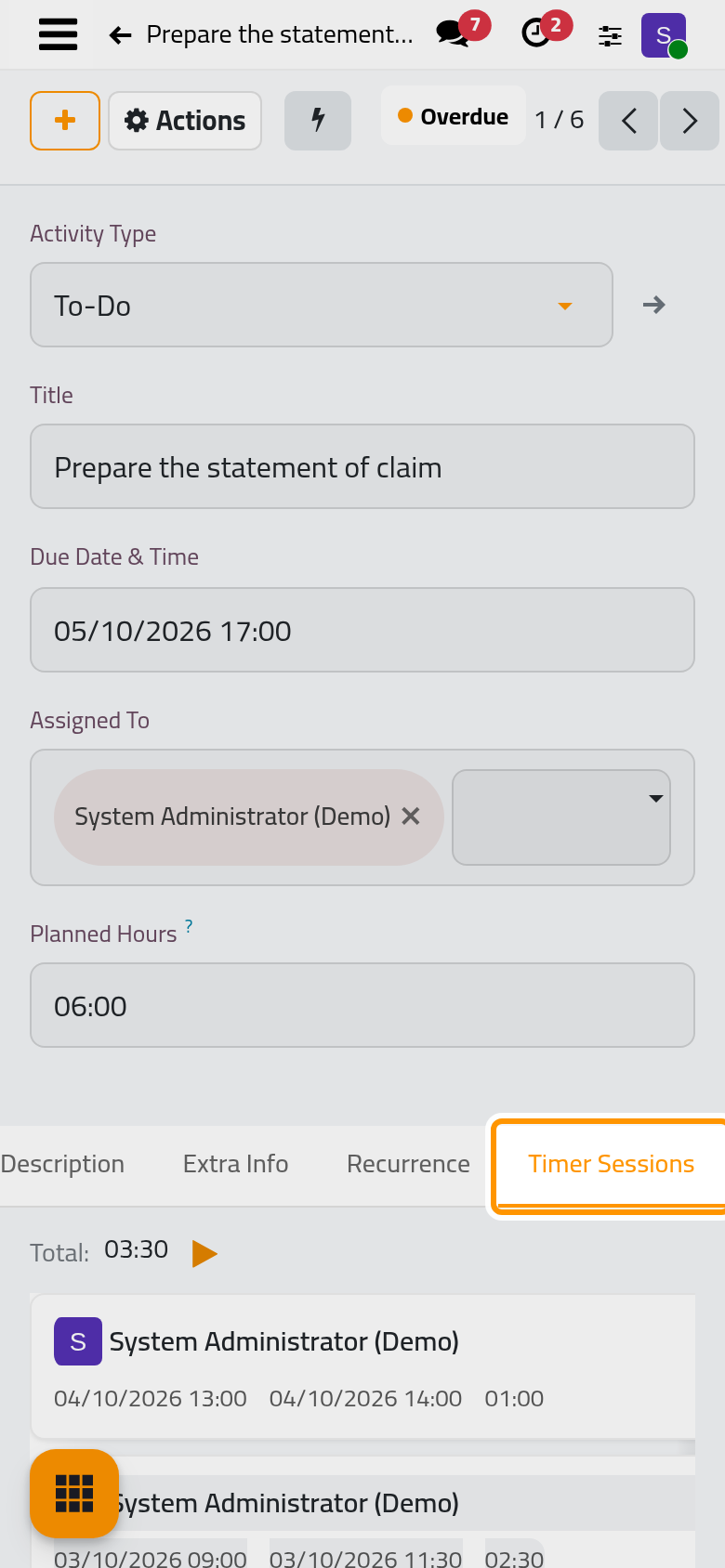 Each start and stop of the timer is one session, with who, when and how long.