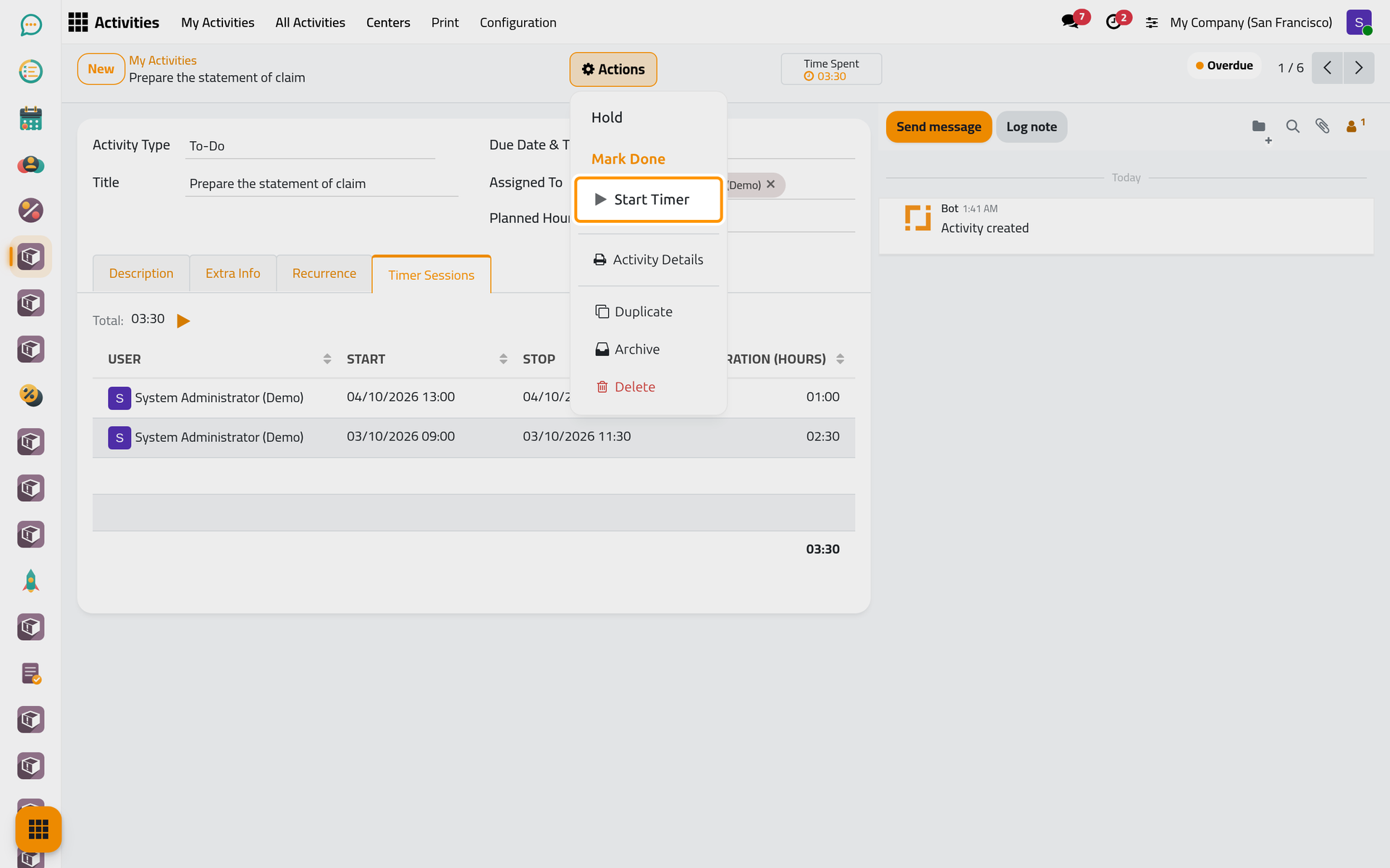 Start Timer and Stop Timer also sit in the Actions menu of the activity.