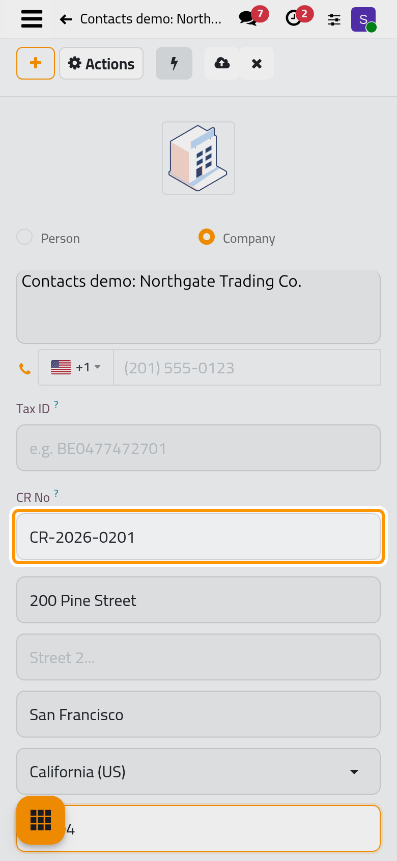 A new company with its name, its commercial registration number and its address.