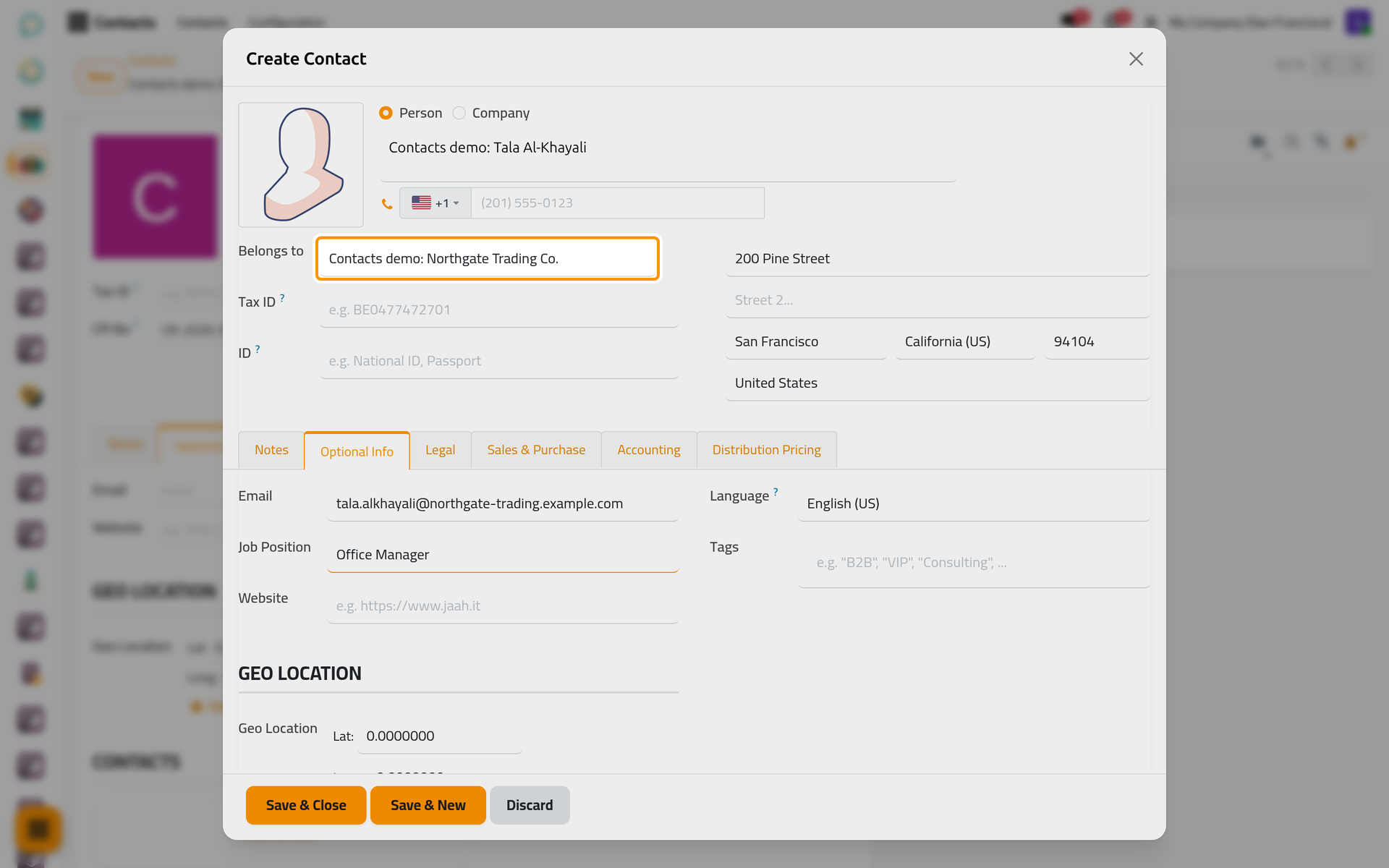 The new person, already under the company, with its address copied from the company.