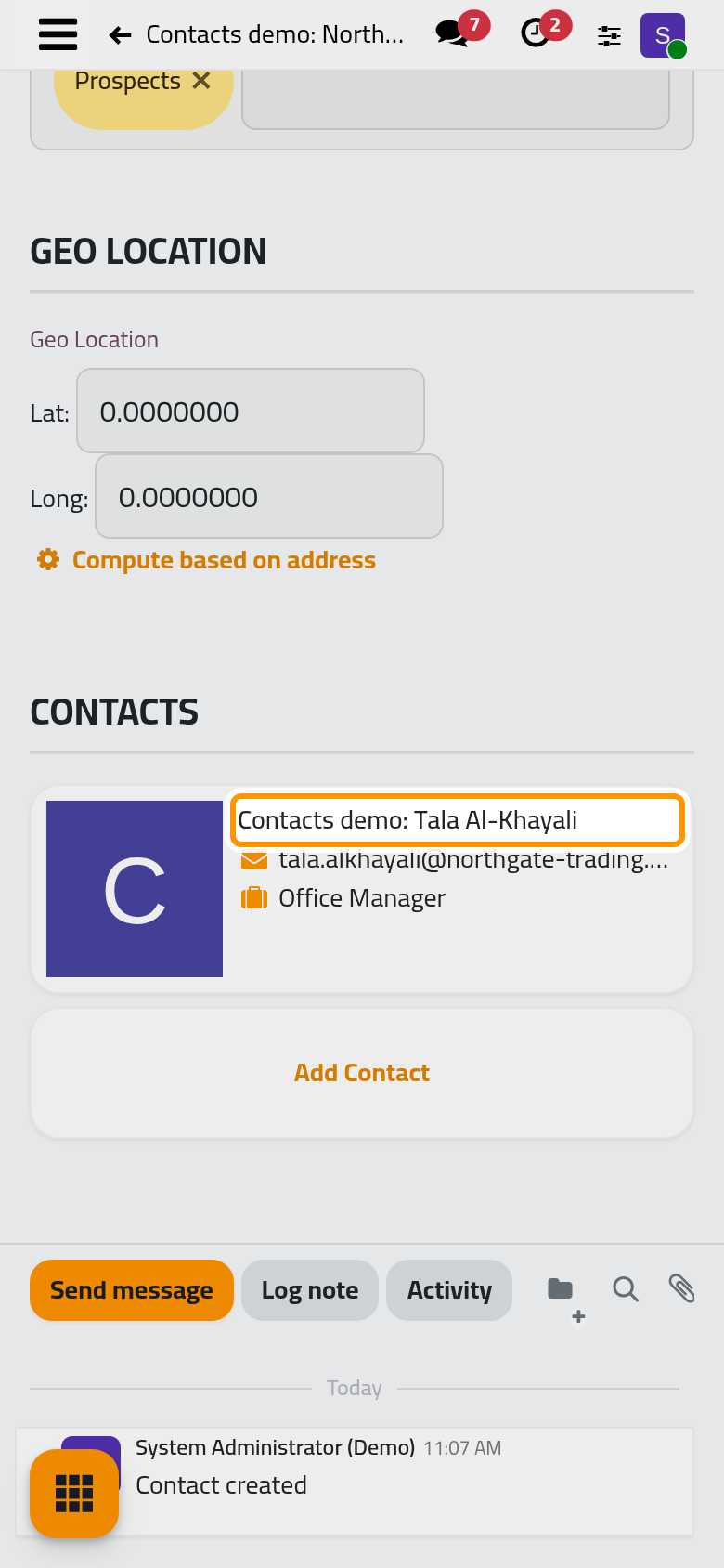 The saved company, with its tag and its first person in the Contacts section.