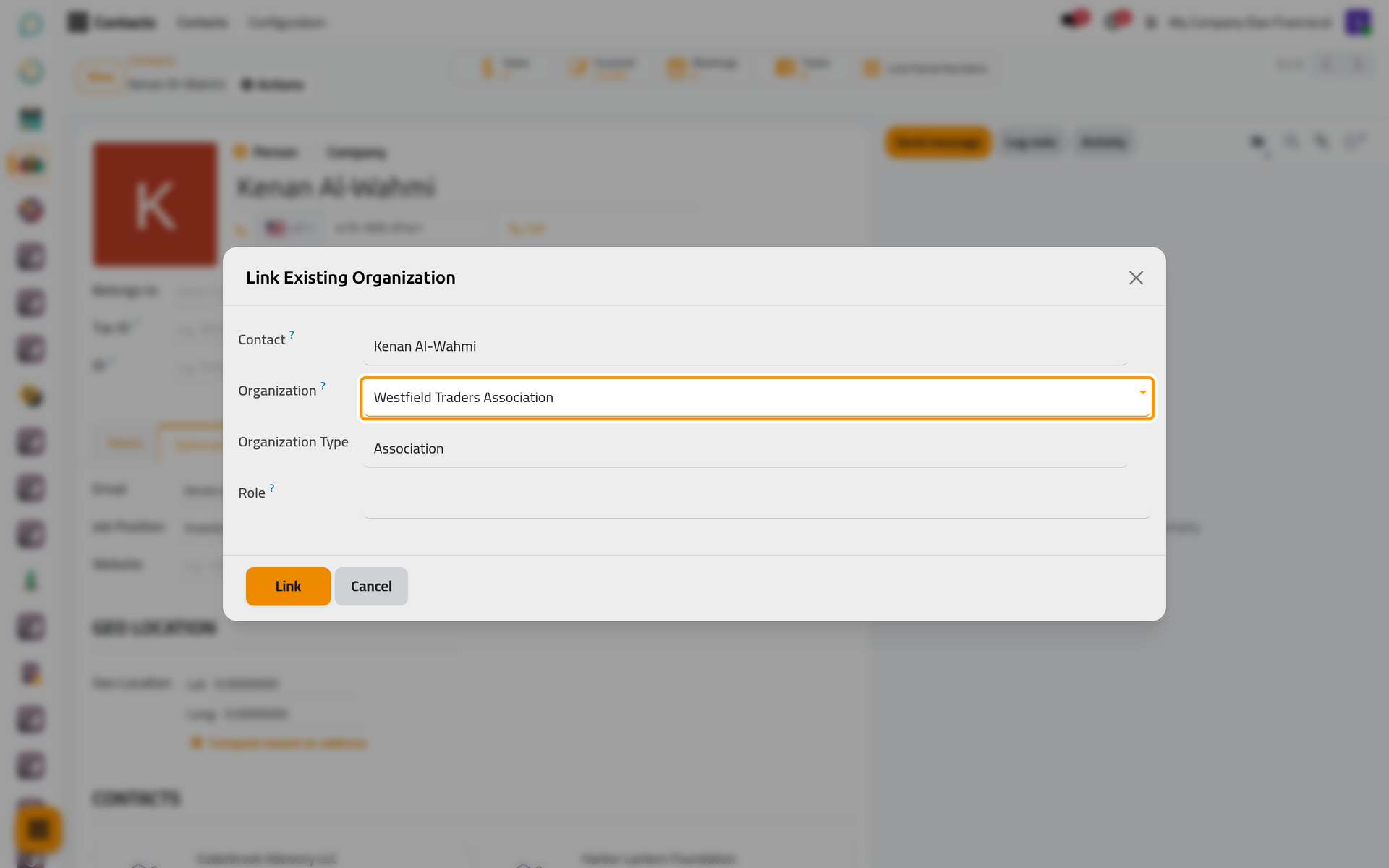 The Link window, filled with the person and the organization; the type comes from the organization.
