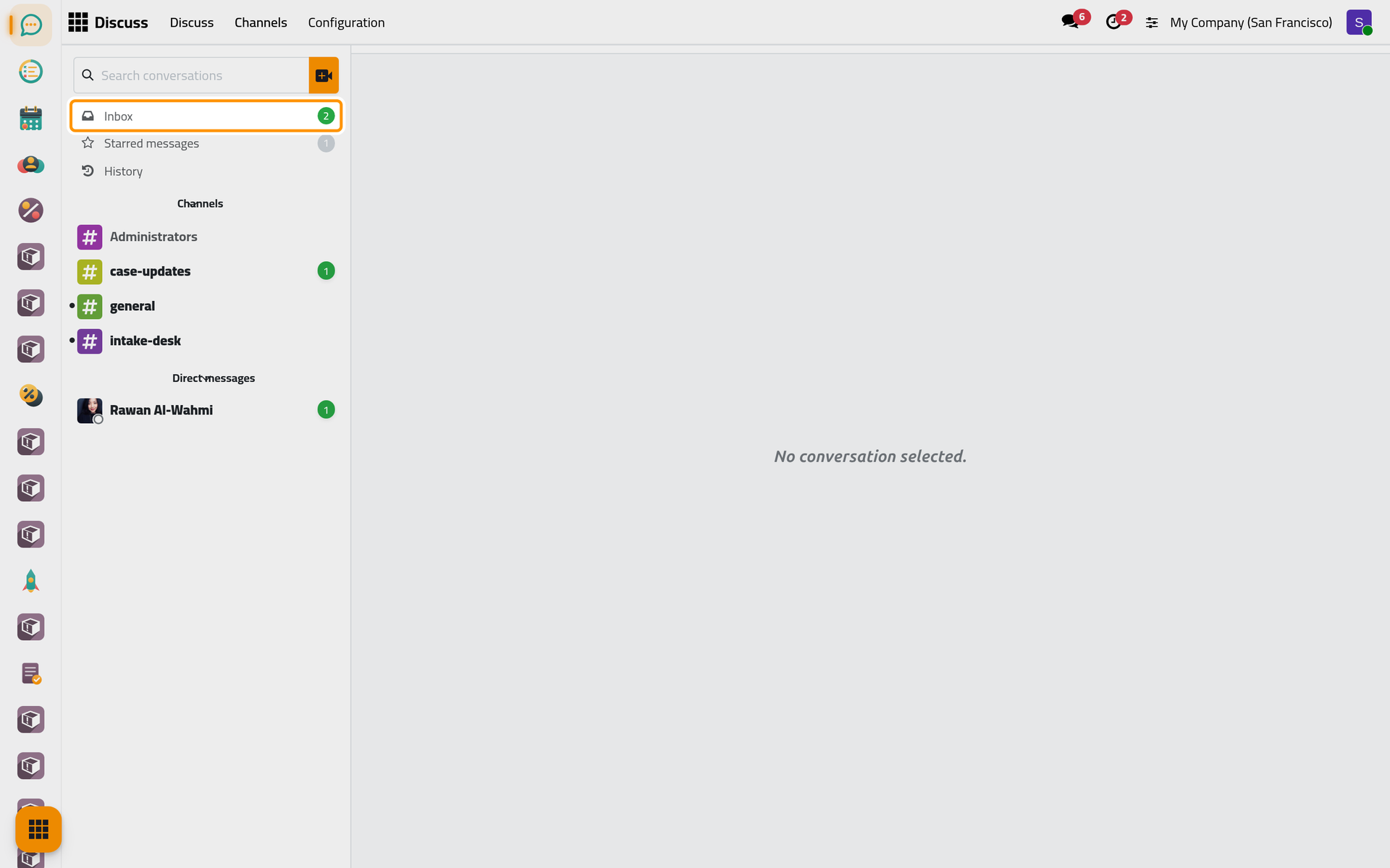 Discuss opens on its sidebar; the Inbox counts the messages waiting for you.