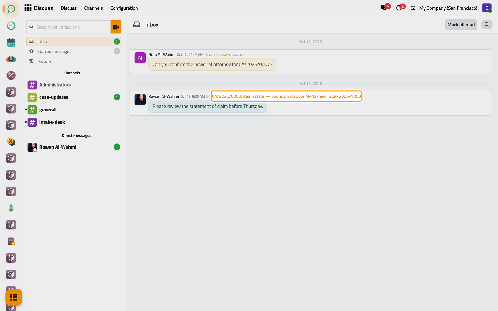 The Inbox shows the mention from a channel and a message sent to you about a case.