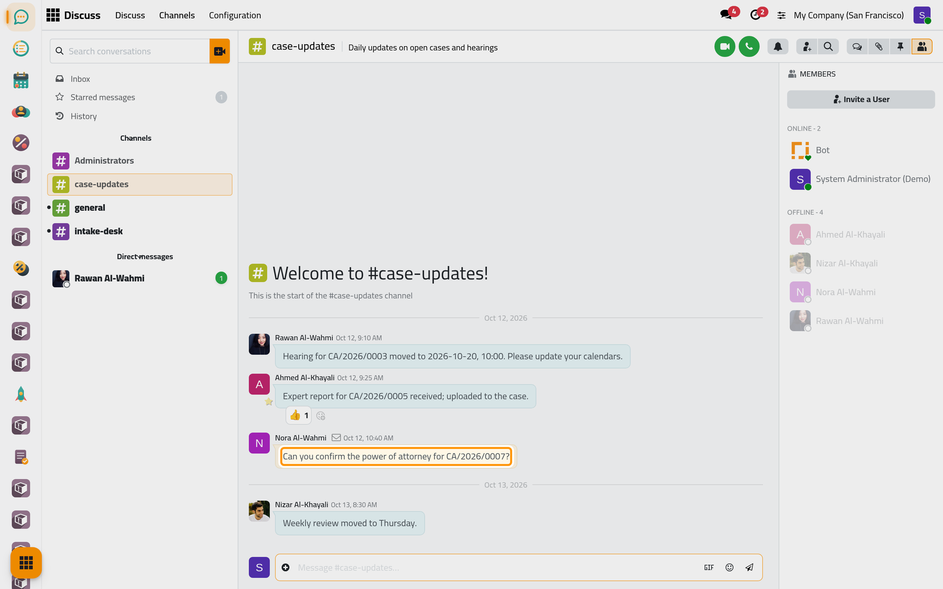 The case-updates channel; the message that mentions you is shown in colour.