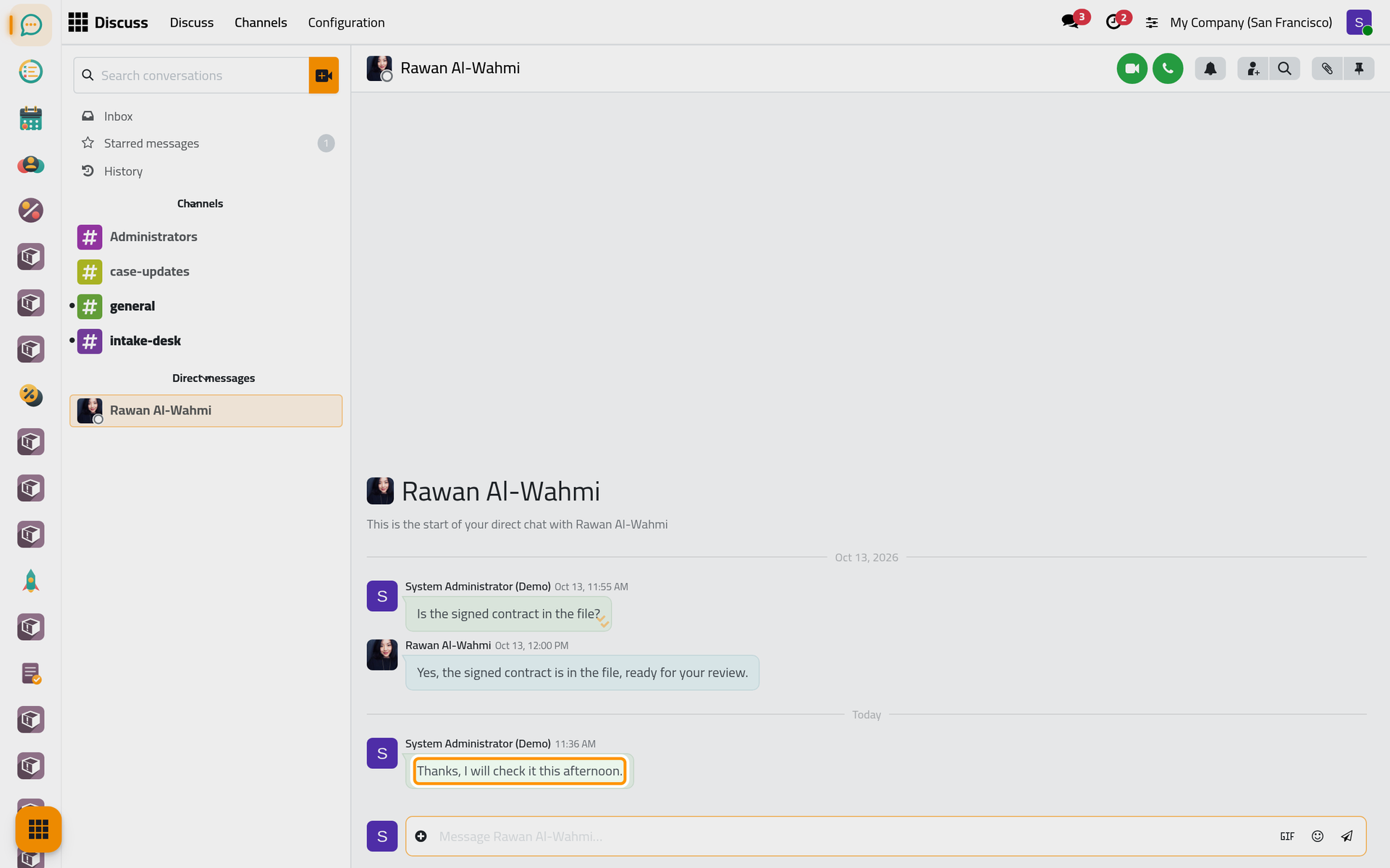 The direct chat with Rawan and your answer; on a phone, the chat sits under Chats.