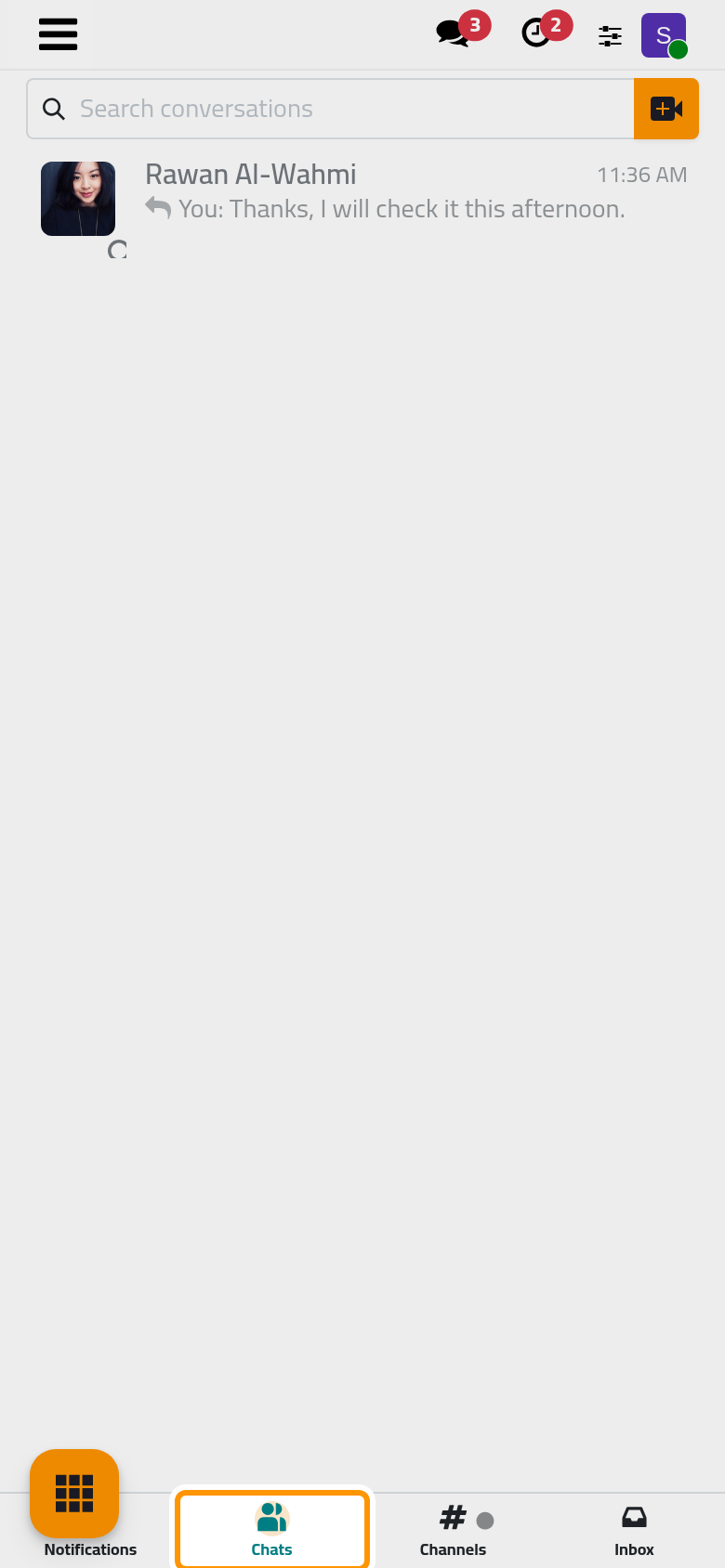 The direct chat with Rawan and your answer; on a phone, the chat sits under Chats.