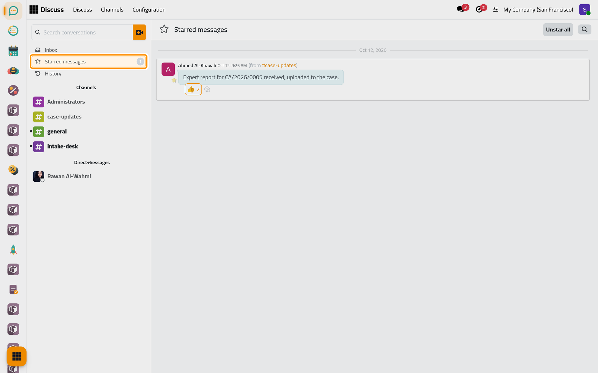 Starred messages gathers the messages you starred, with the channel each one comes from.