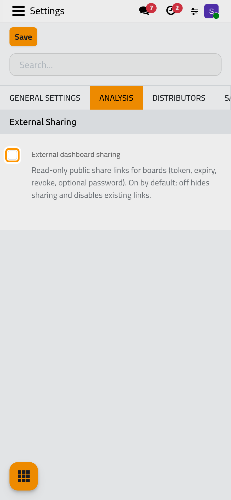 The External Sharing group of the Analysis settings and its one option.