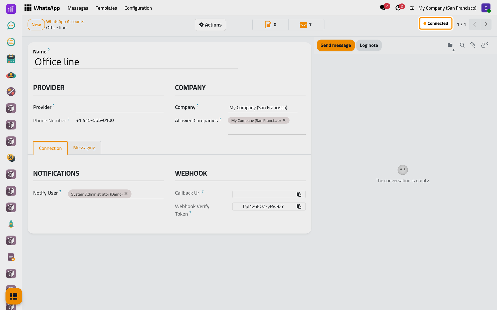 A connected line, with its number, its company and the users it alerts.