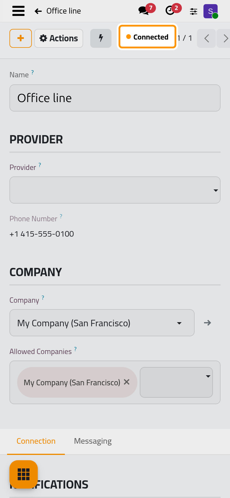 A connected line, with its number, its company and the users it alerts.