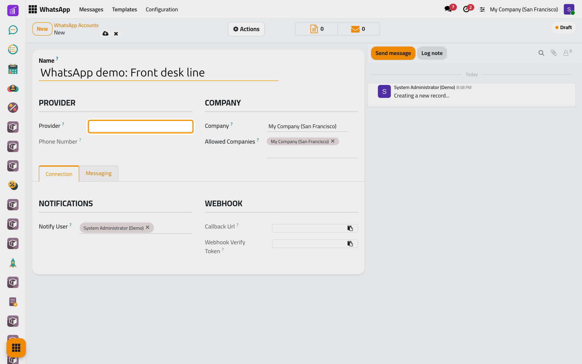A new line in Draft; Provider lists the connection apps installed.