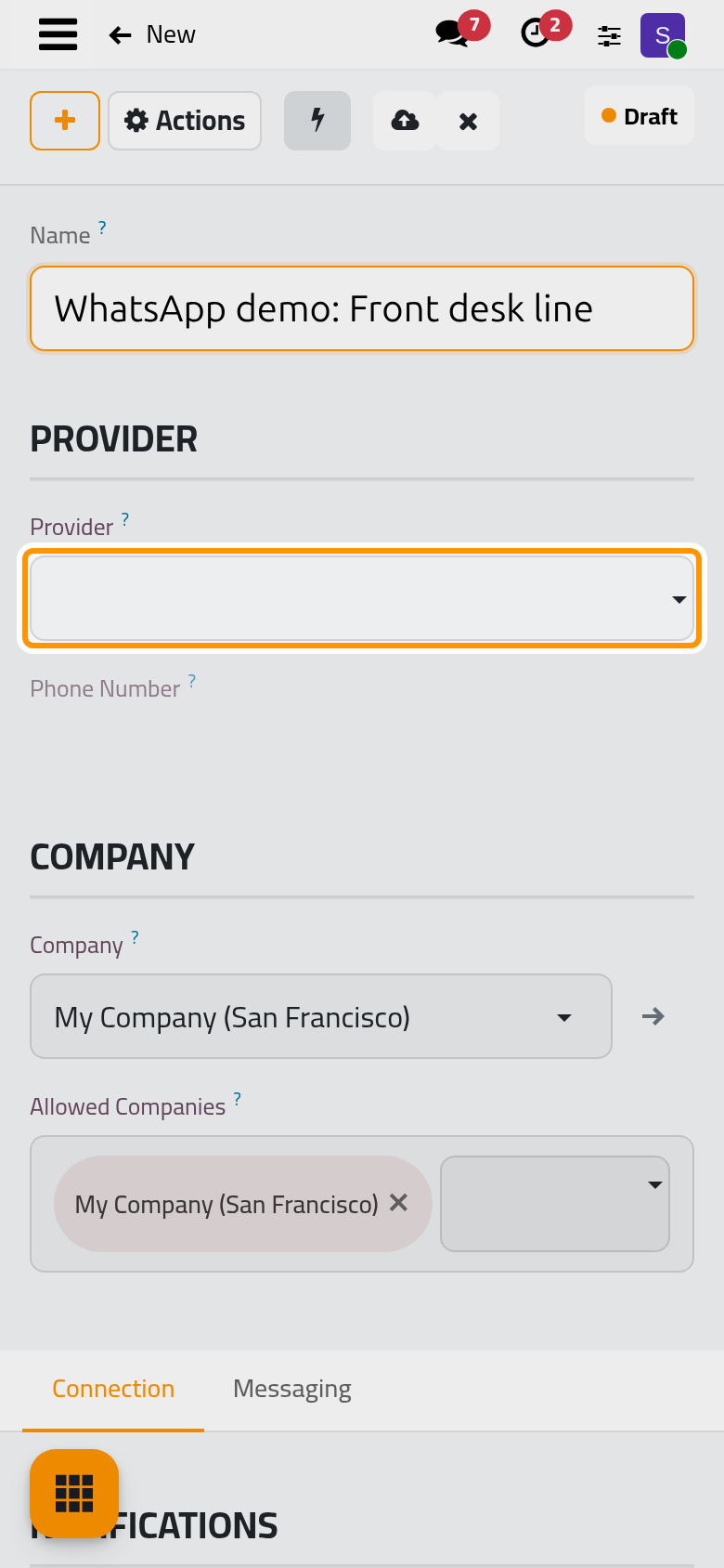 A new line in Draft; Provider lists the connection apps installed.