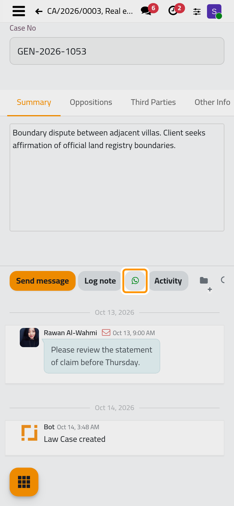 The WhatsApp button in the chatter of case CA/2026/0003.