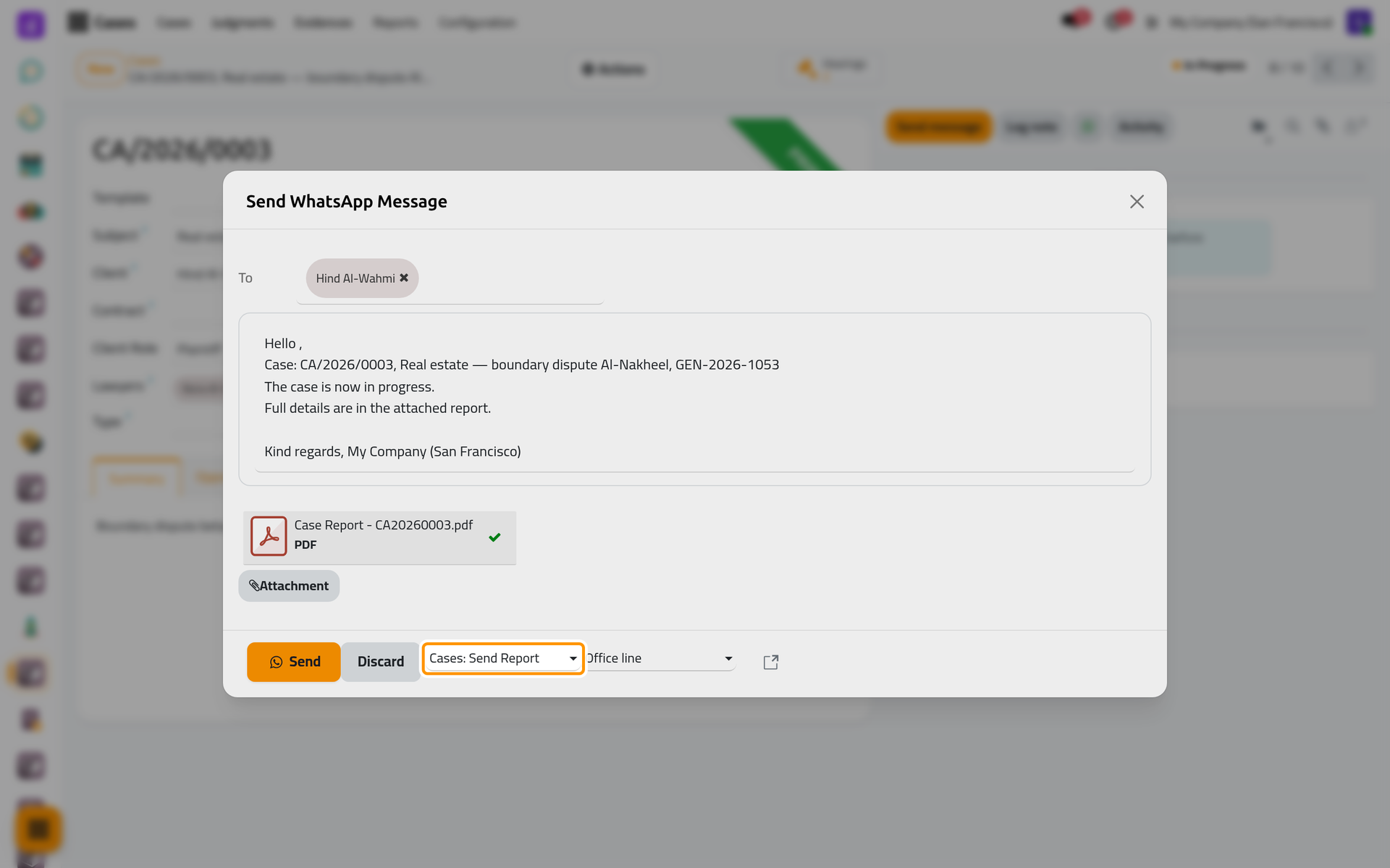 The composer opens with the client, the ready-made template Cases: Send Report and the text it prepared.