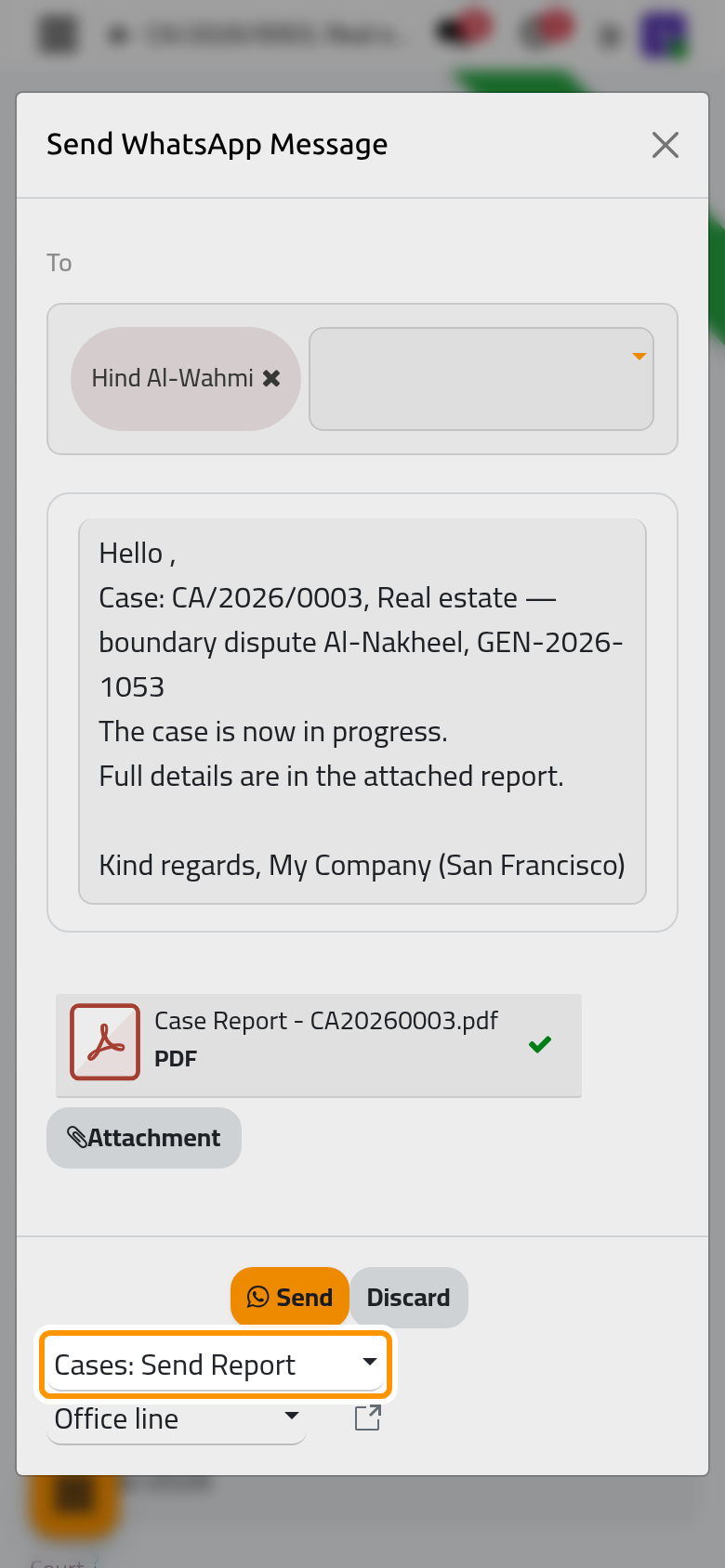 The composer opens with the client, the ready-made template Cases: Send Report and the text it prepared.