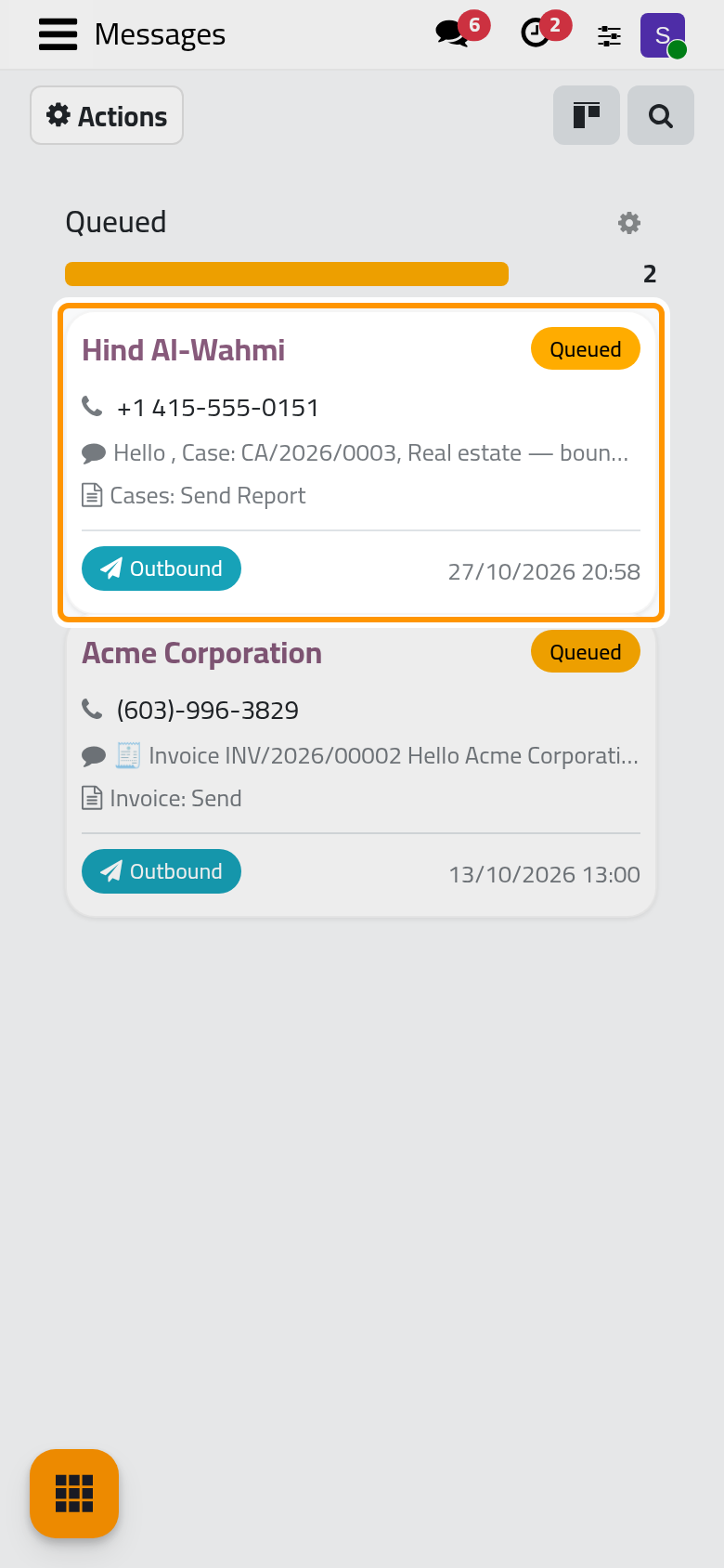 The message waits in the Queued column, beside the demo messages of other statuses.