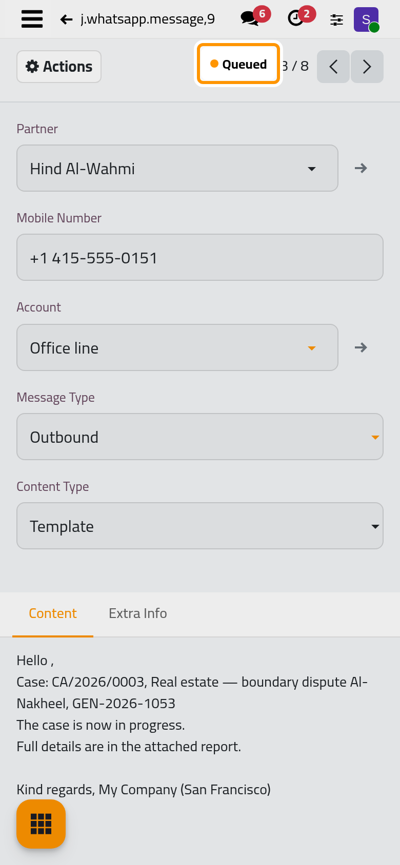 The message itself, its status Queued at the top, with the client, her number and the line.