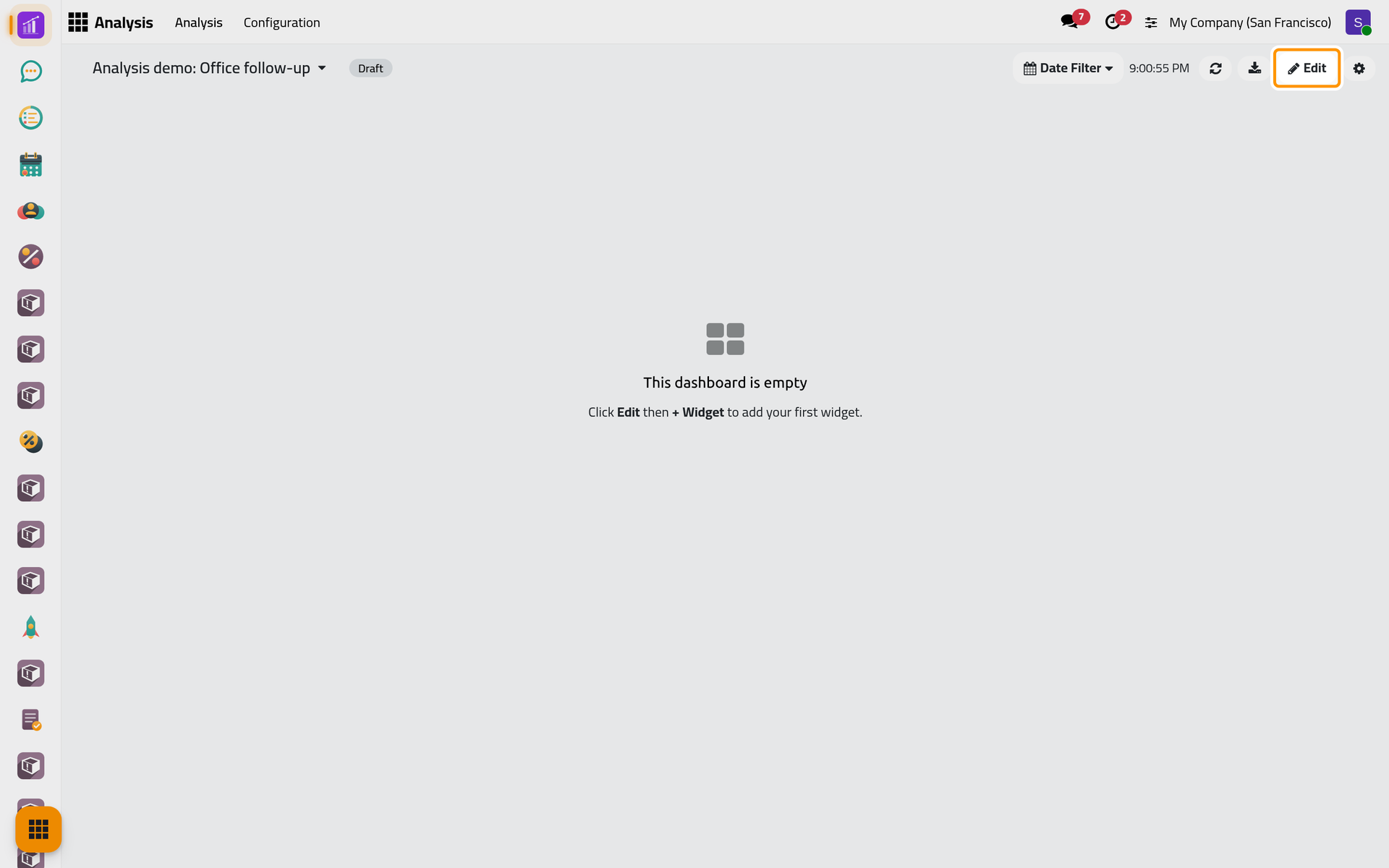 The new dashboard is empty; Edit opens the edit mode where widgets are added.