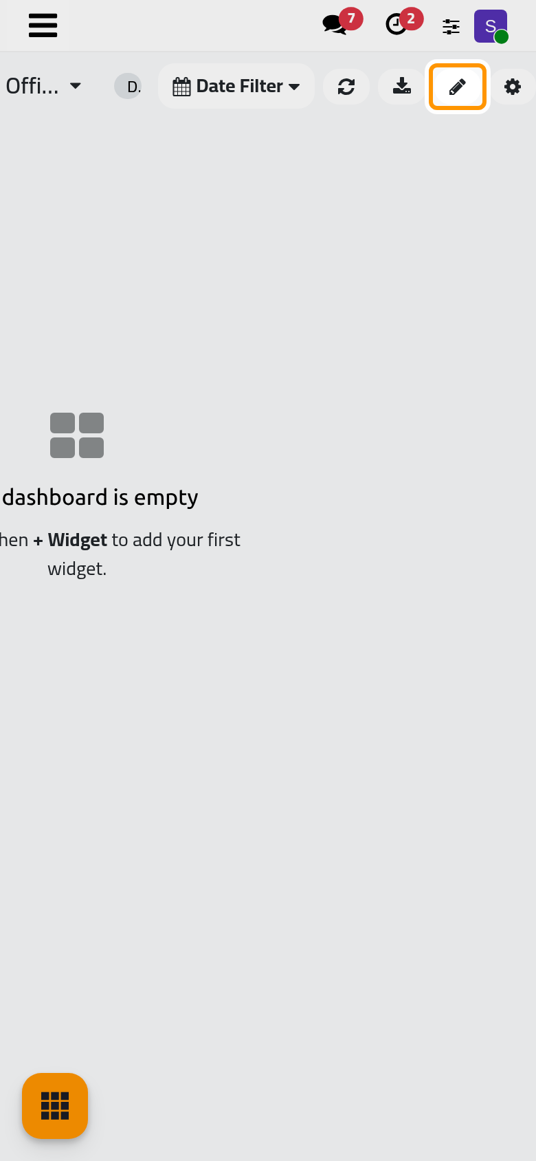 The new dashboard is empty; Edit opens the edit mode where widgets are added.