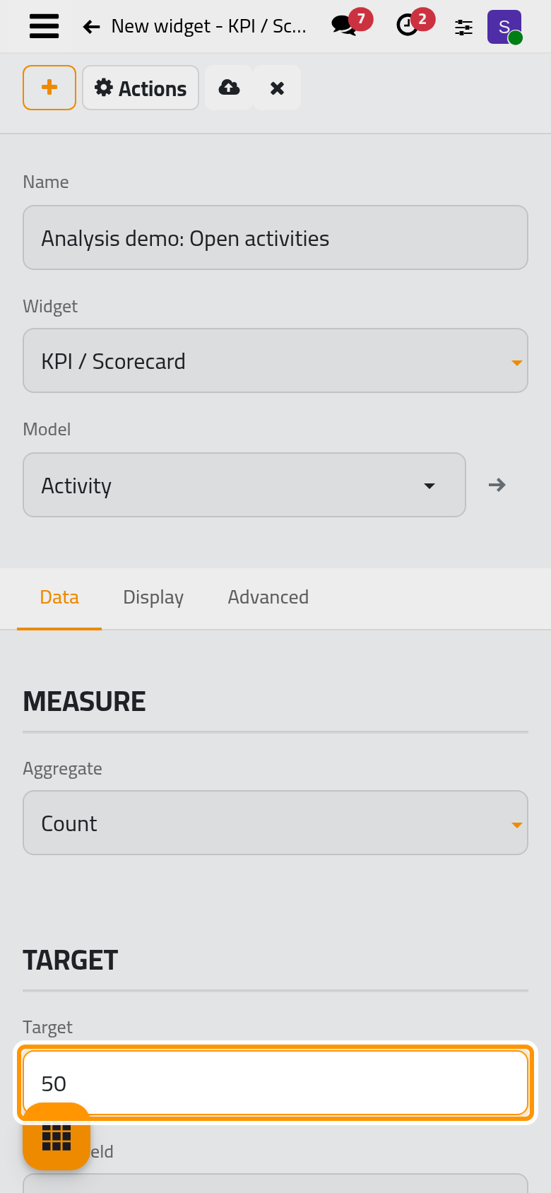 The Data tab of a KPI that counts the open activities against a target of 50.