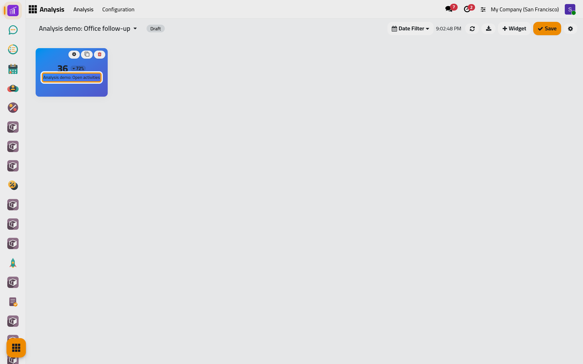 The KPI on the dashboard, with the buttons that configure, duplicate or remove it in edit mode.
