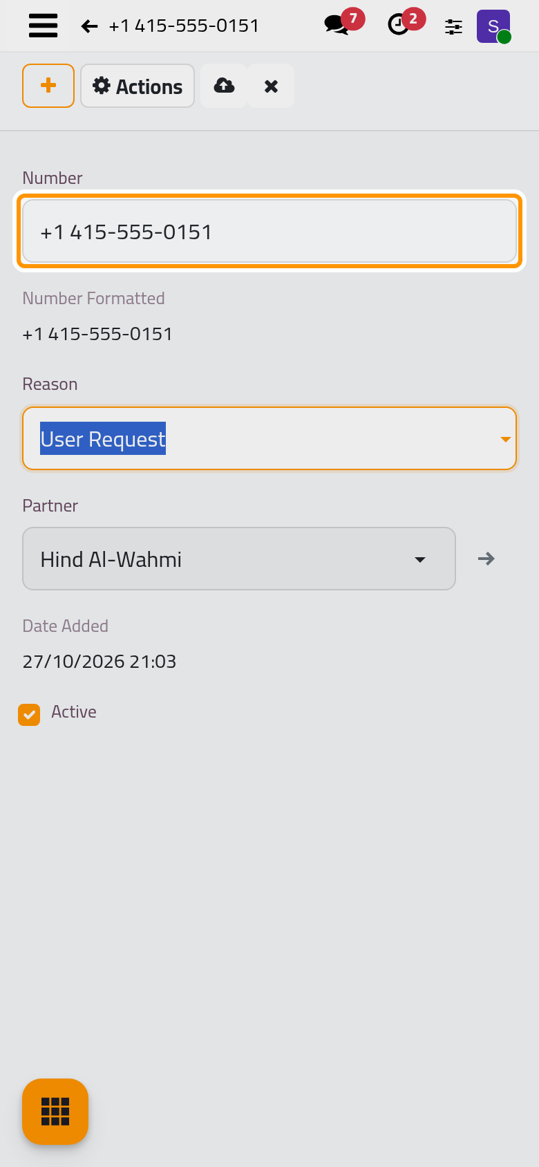 Choosing the contact copies her phone into Number, written exactly as her messages use it.