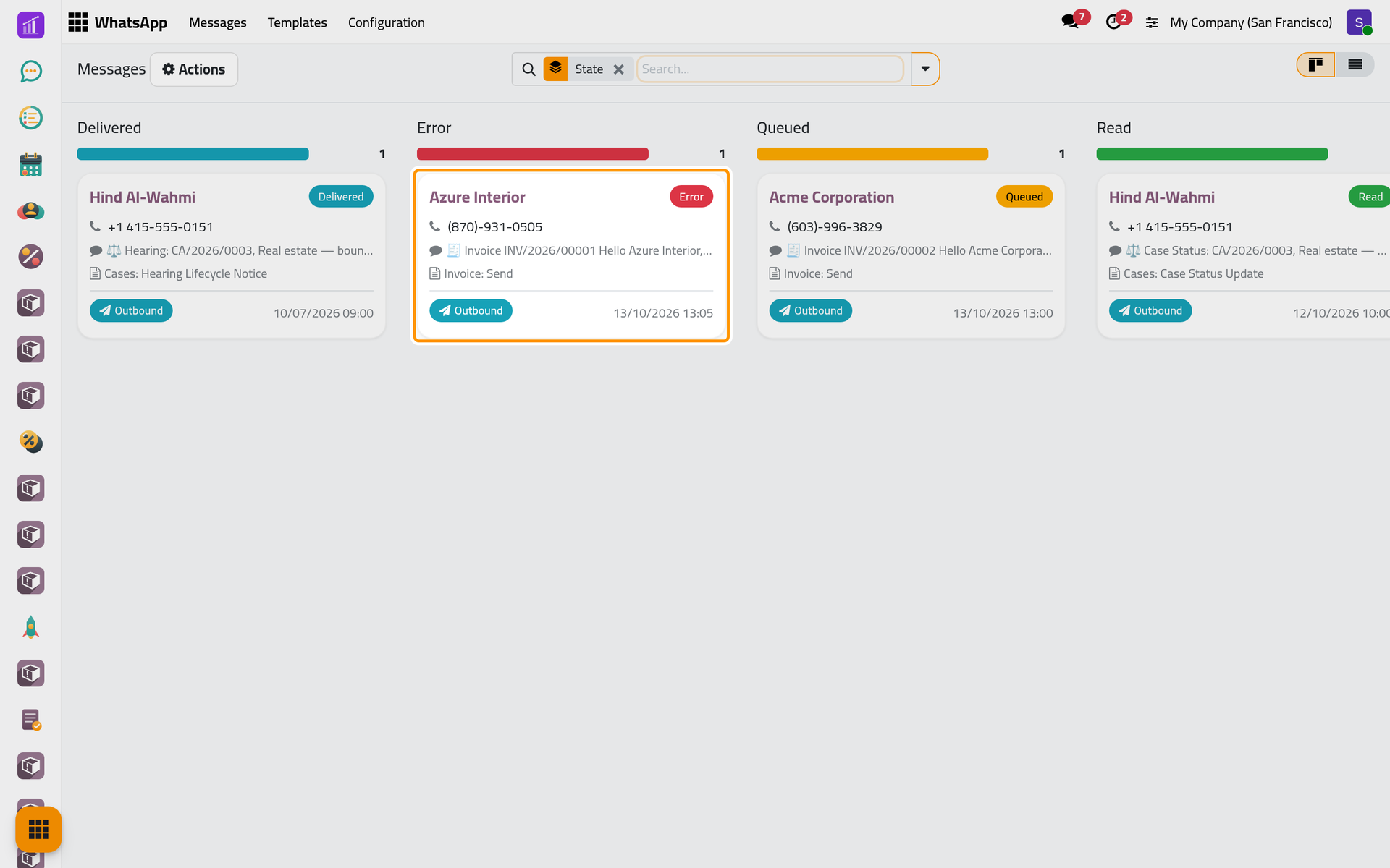 Messages grouped by status; the invoice to Azure Interior is in Error.