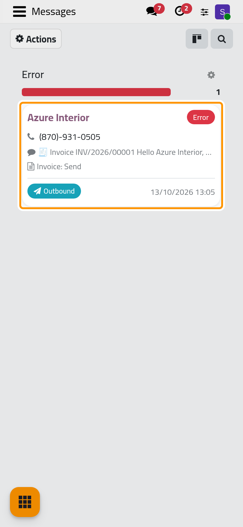 Messages grouped by status; the invoice to Azure Interior is in Error.