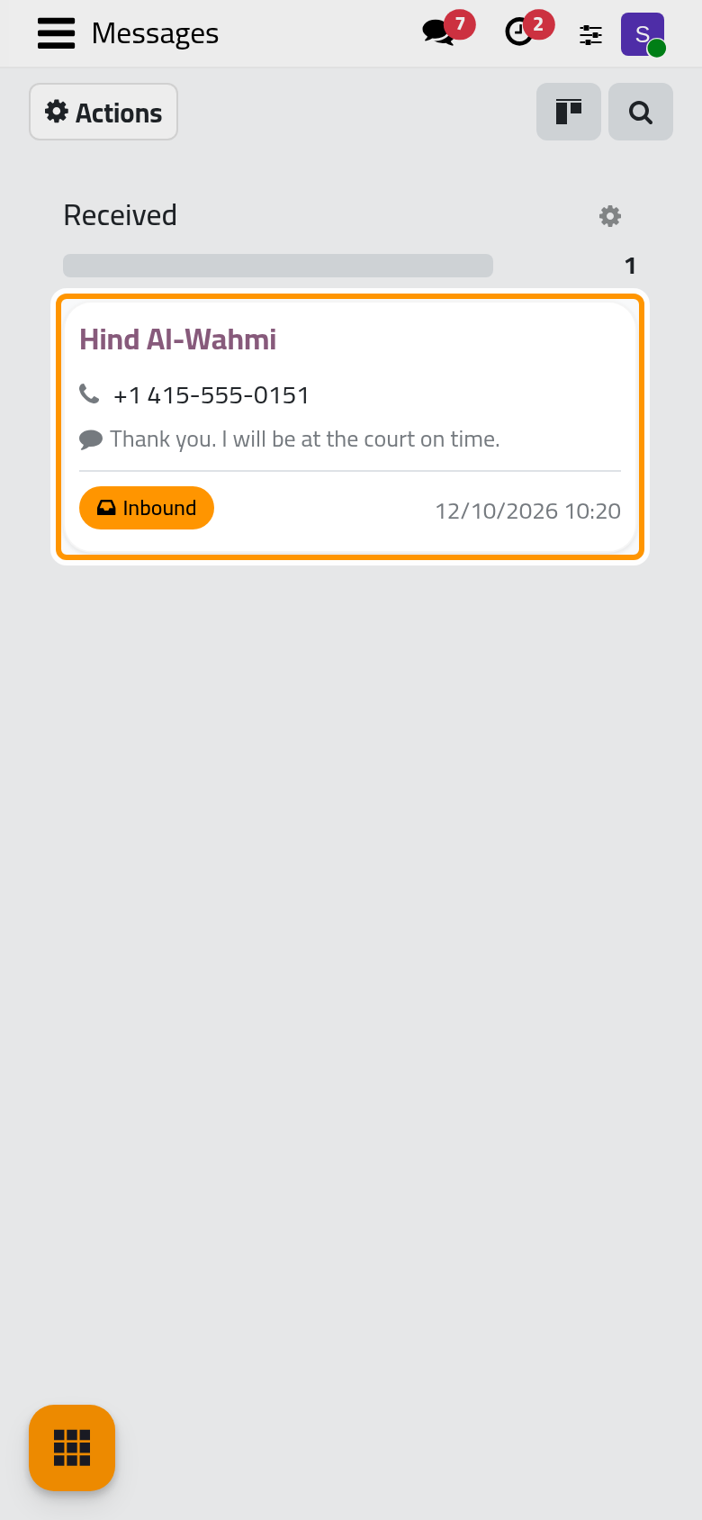 A client's reply, received and kept as an inbound message.