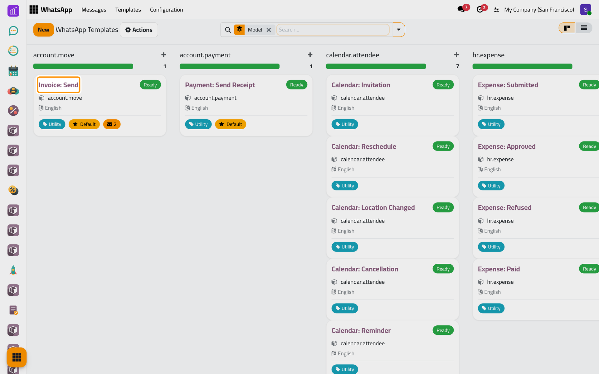 The active templates, grouped by the kind of record they serve, each with its status, language and category.